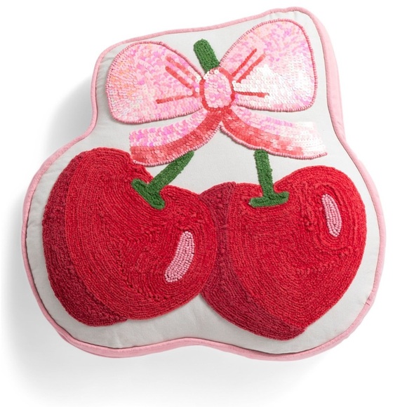 ❤️Cupcakes & Cashmere Valentines Cherry Bow Sequin Pillow - Picture 1 of 6